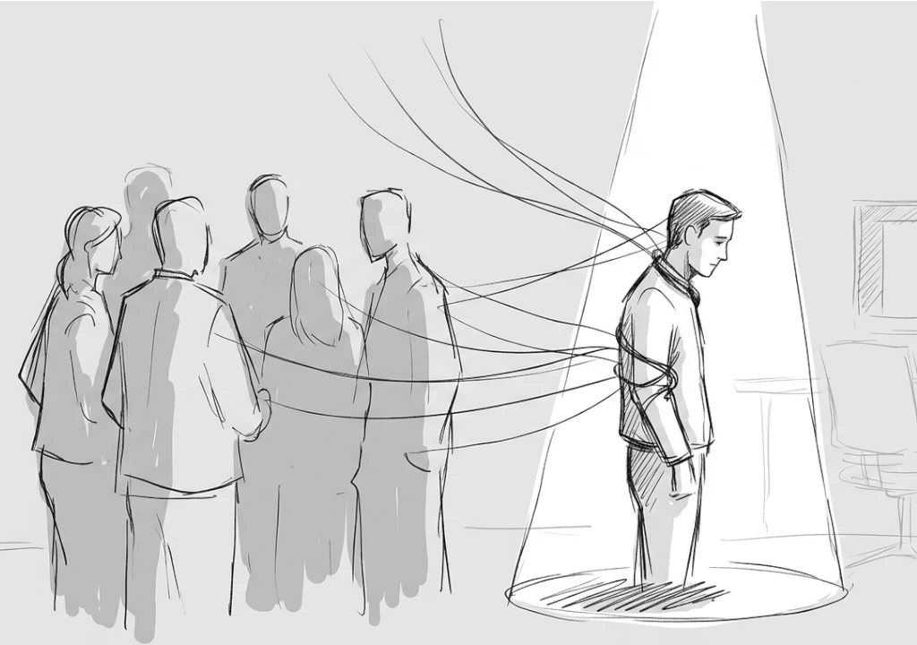 Ilustración en blanco y negro de un entorno de trabajo donde una persona es objetivo de un ataque de ingeniería social representado con elementos abstractos dirigidos hacia ella